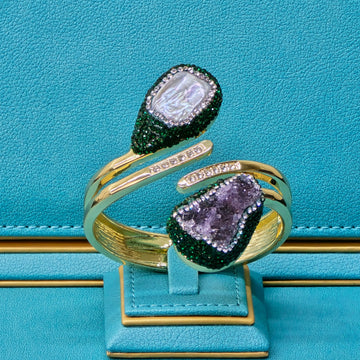 Statement Bangle with Baroque Pearl, Raw Amethyst, and green Austrian Crystals