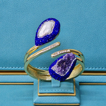 Gold plated Bangle with Baroque Pearl, Raw Amethyst, and royal blue Austrian Crystals