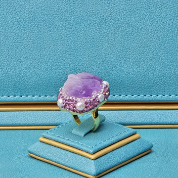 Luxurious Gold Plated Amethyst Ring with Austrian Crystals and Pearls