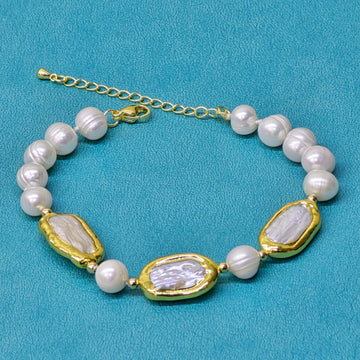 Rectangular and round Freshwater Pearl Bracelet with Gold-Plated Accents