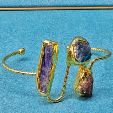 Stainless Steel Bangle with Blue Kyanite, Apatite, and Tourmaline Raw Beads