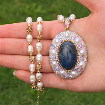Elegant Necklace with Lapis Lazuli Pendant, Freshwater Pearls, and Austrian Crystals