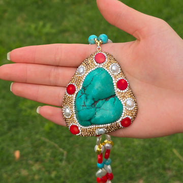 Stunning Necklace with Natural Turquoise Pendant, Coral, Freshwater Pearls, and Austrian Crystals