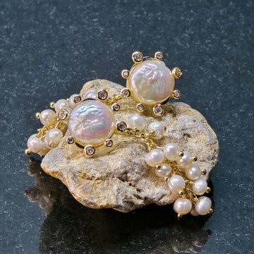 Sunflower and Grapes Pearl Dangle Earrings