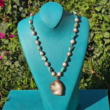Unique Necklace with Baroque Pearl Pendant, Turquoise Beads, and Freshwater Pearls