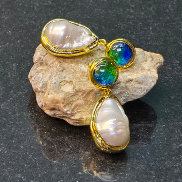 Blue-green CZ Baroque pearl dangle earring