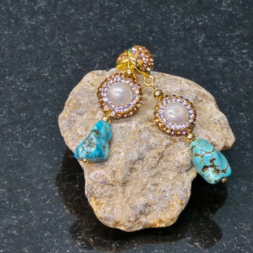 Natural Turquoise earring with gold Austrian crystals