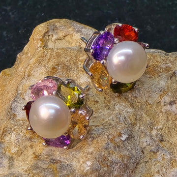 White Pearl Earrings with multicolour cz crystals