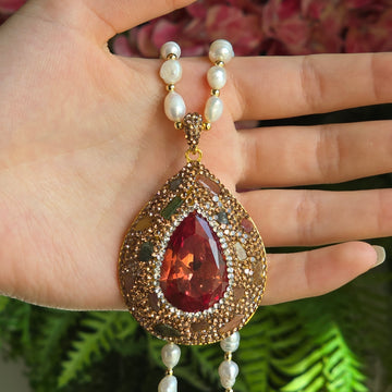 Elegant Necklace with Brown Austrian Crystal, Tourmaline, and Freshwater Pearls
