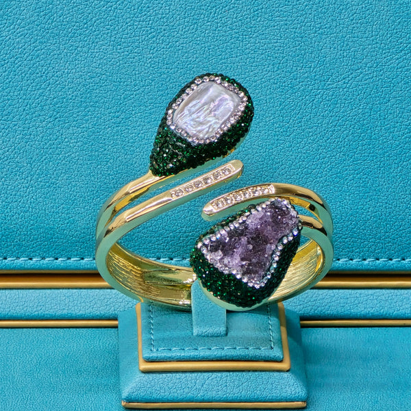 Statement Bangle with Baroque Pearl, Raw Amethyst, and green  Austrian Crystals