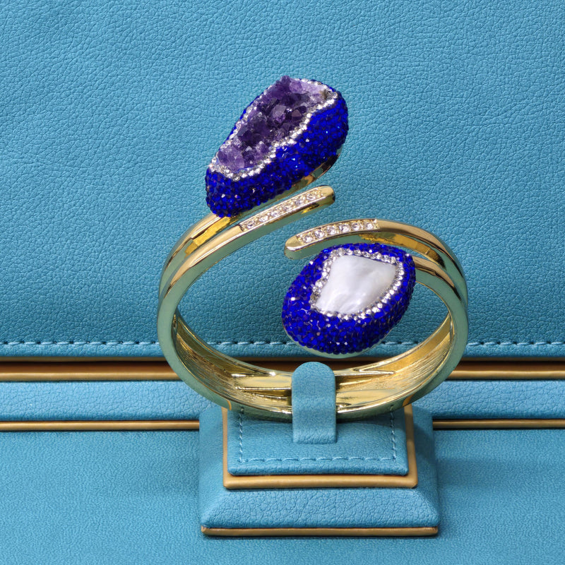 Gold plated  Bangle with Baroque Pearl, Raw Amethyst, and royal blue  Austrian Crystals