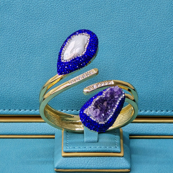 Gold plated  Bangle with Baroque Pearl, Raw Amethyst, and royal blue  Austrian Crystals