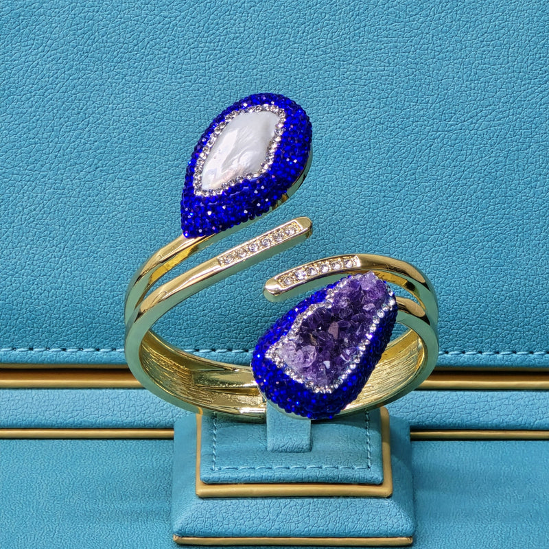 Gold plated  Bangle with Baroque Pearl, Raw Amethyst, and royal blue  Austrian Crystals
