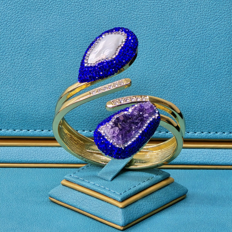 Gold plated  Bangle with Baroque Pearl, Raw Amethyst, and royal blue  Austrian Crystals