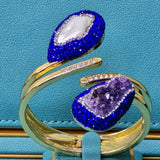 Gold plated  Bangle with Baroque Pearl, Raw Amethyst, and royal blue  Austrian Crystals