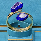Gold plated  Bangle with Baroque Pearl, Raw Amethyst, and royal blue  Austrian Crystals