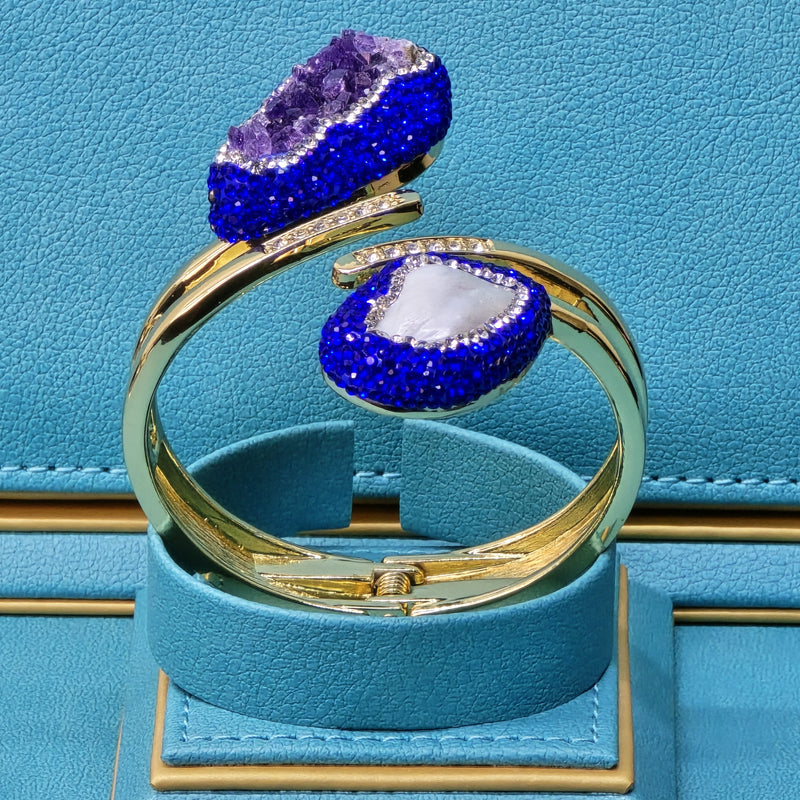 Gold plated  Bangle with Baroque Pearl, Raw Amethyst, and royal blue  Austrian Crystals