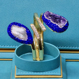 Gold plated  Bangle with Baroque Pearl, Raw Amethyst, and royal blue  Austrian Crystals