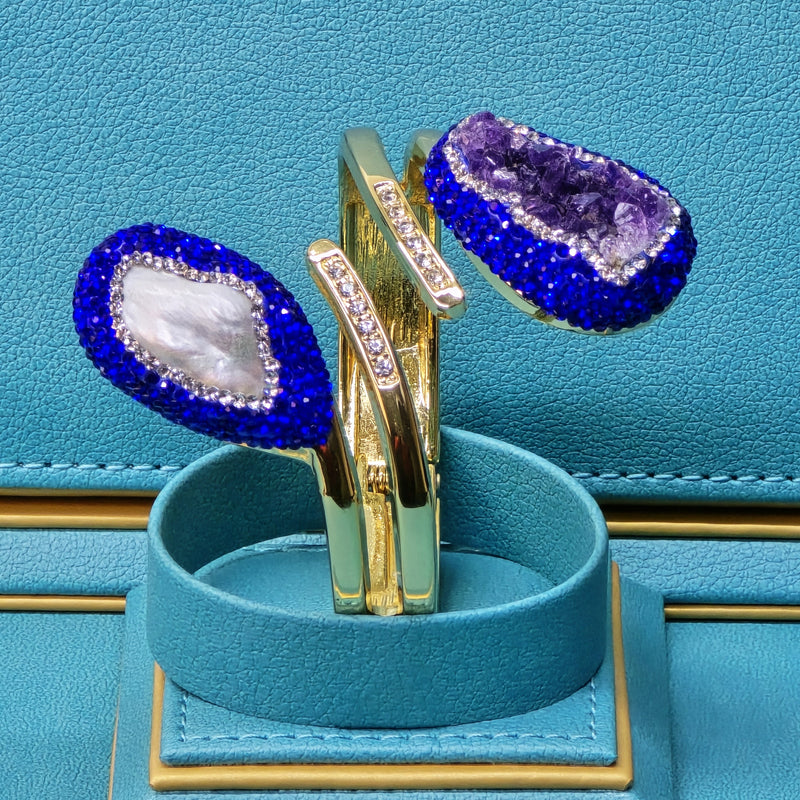 Gold plated  Bangle with Baroque Pearl, Raw Amethyst, and royal blue  Austrian Crystals