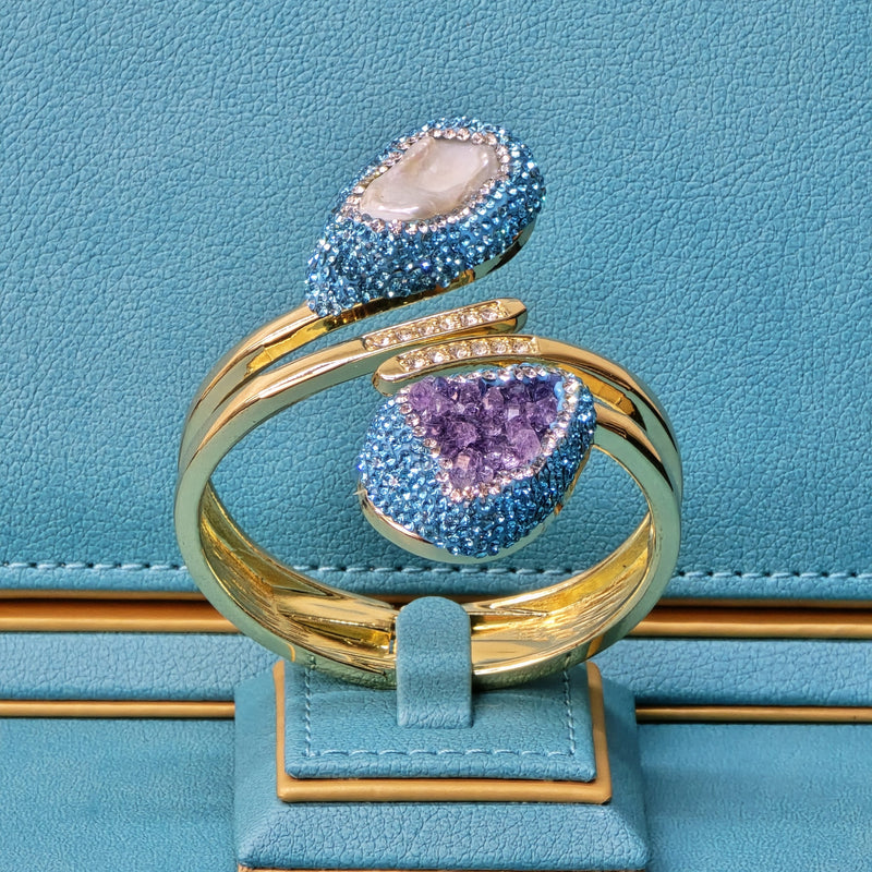 Baroque Pearl and Amethyst Bangle with Light Blue Austrian Crystals