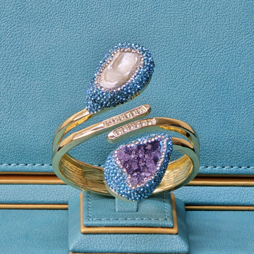 Baroque Pearl and Amethyst Bangle with Light Blue Austrian Crystals