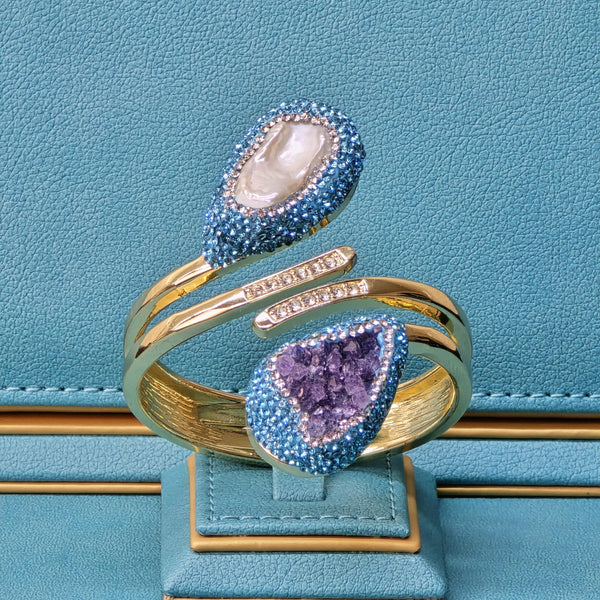 Baroque Pearl and Amethyst Bangle with Light Blue Austrian Crystals