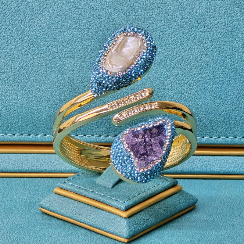 Baroque Pearl and Amethyst Bangle with Light Blue Austrian Crystals