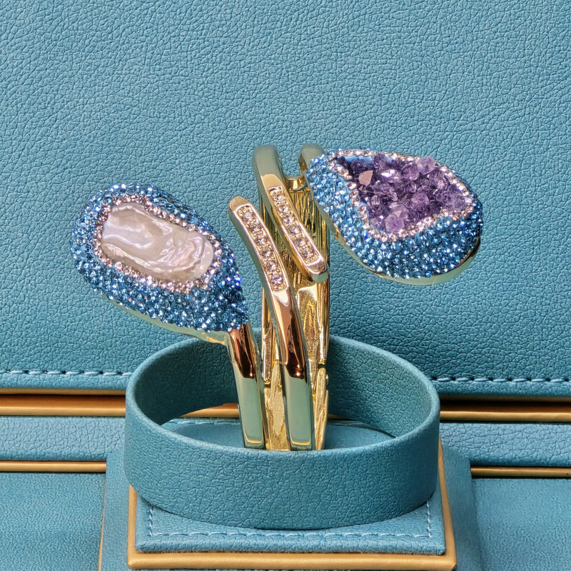 Baroque Pearl and Amethyst Bangle with Light Blue Austrian Crystals