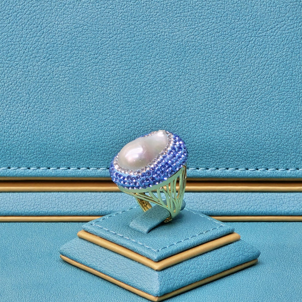 Baroque Pearl Ring with light blue Austrian Crystals