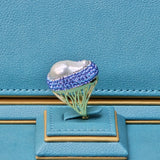 Baroque Pearl Ring with light blue Austrian Crystals