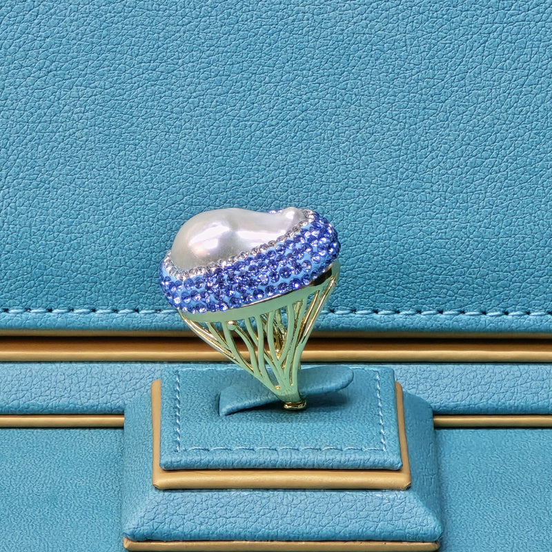 Baroque Pearl Ring with light blue Austrian Crystals