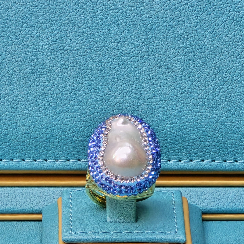 Baroque Pearl Ring with light blue Austrian Crystals