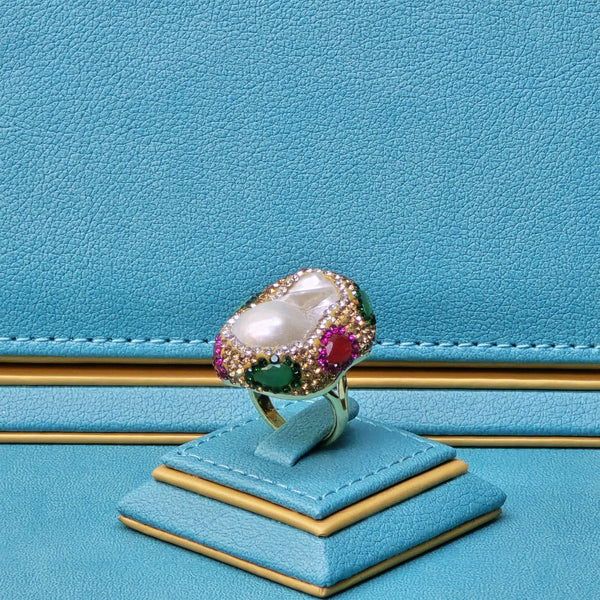 Baroque Pearl ring with Tourmaline beads and Austrian crystals