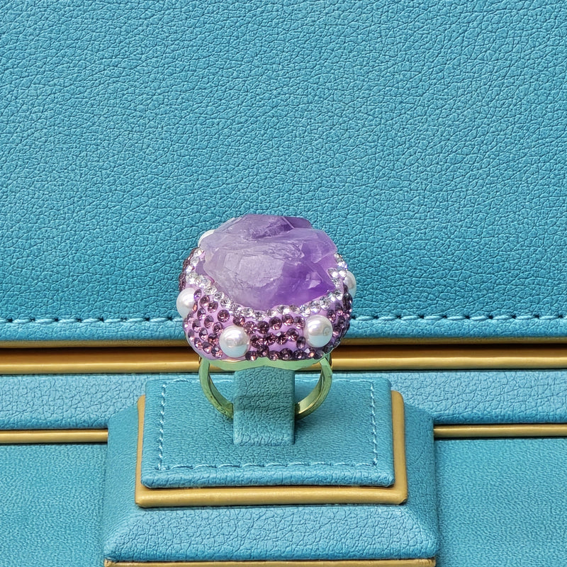 Luxurious Gold Plated Amethyst Ring with Austrian Crystals and Pearls