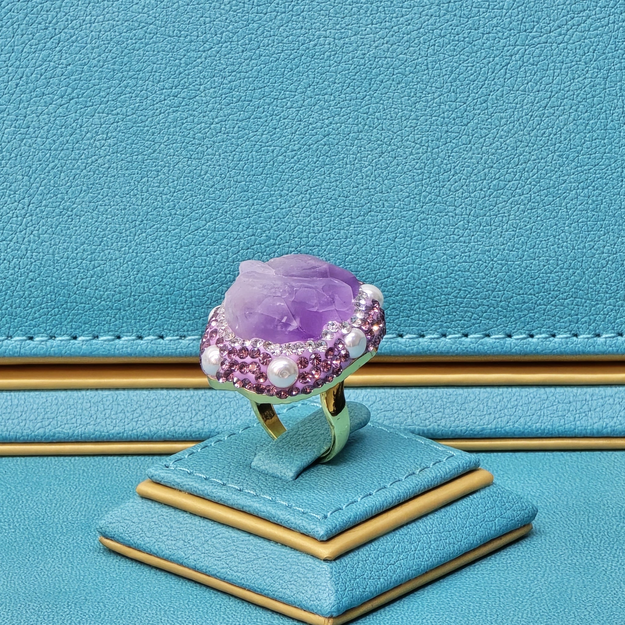 Luxurious Gold Plated Amethyst Ring with Austrian Crystals and Pearls