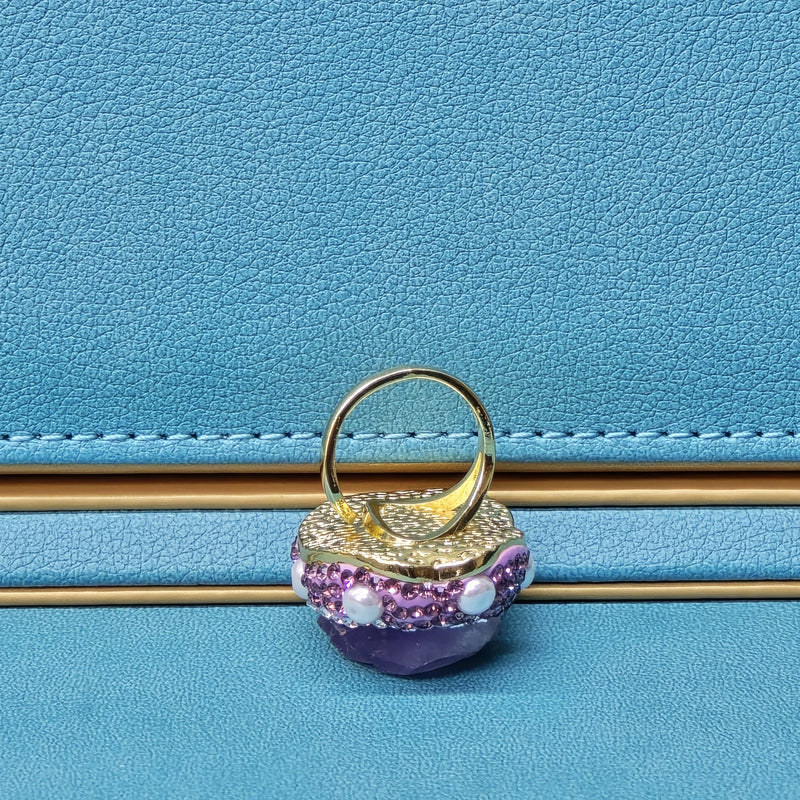 Luxurious Gold Plated Amethyst Ring with Austrian Crystals and Pearls