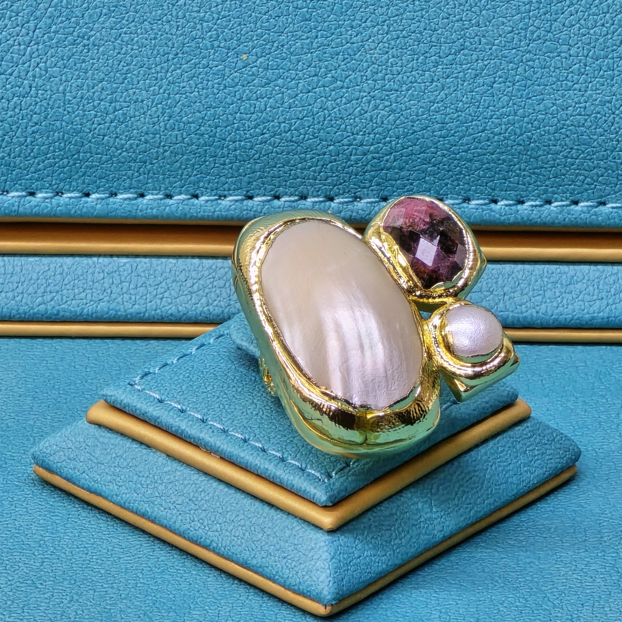 Mother of Pearl Ring with faceted raw ruby and freshwater pearl