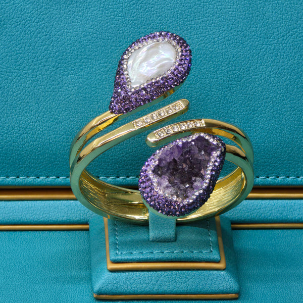 Unique Bangle with Baroque Pearl, Raw Amethyst and purple  Austrian Crystals