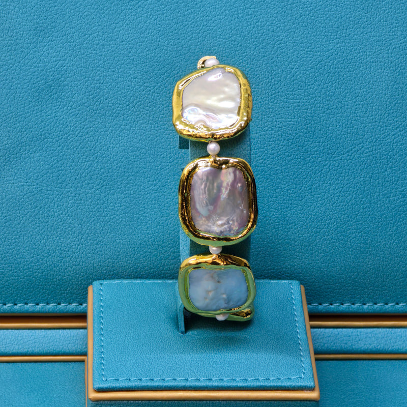 Elegant Bracelet with Square Shaped Flattened Pearls and Plated Gold