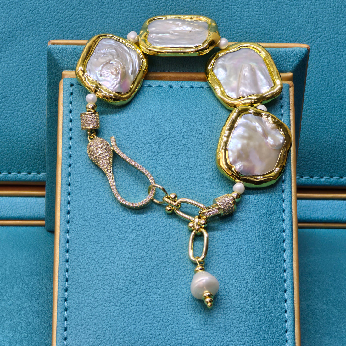 Elegant Bracelet with Square Shaped Flattened Pearls and Plated Gold