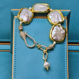 Elegant Bracelet with Square Shaped Flattened Pearls and Plated Gold