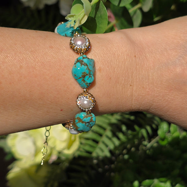 Elegant Bracelet with Turquoise, Freshwater Pearl and Austrian Micro Crystals
