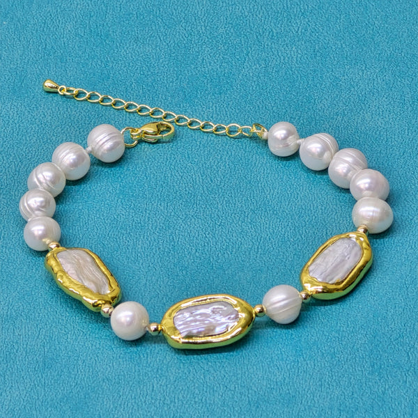 Rectangular and round Freshwater Pearl Bracelet with Gold-Plated Accents