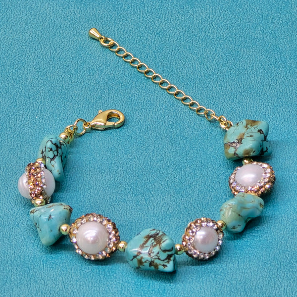Elegant Bracelet with Turquoise, Freshwater Pearl and Austrian Micro Crystals