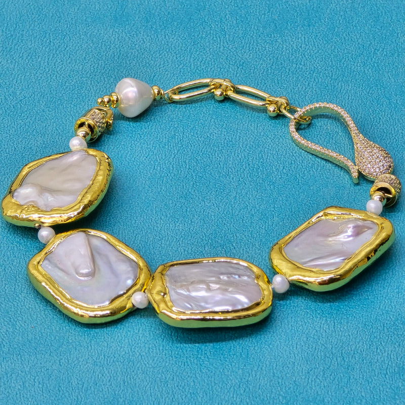 Elegant Bracelet with Square Shaped Flattened Pearls and Plated Gold