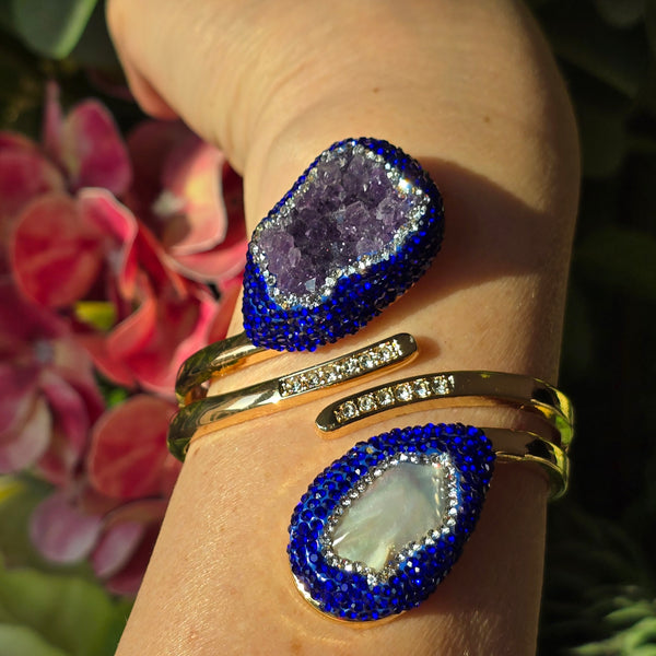 Gold plated  Bangle with Baroque Pearl, Raw Amethyst, and royal blue  Austrian Crystals