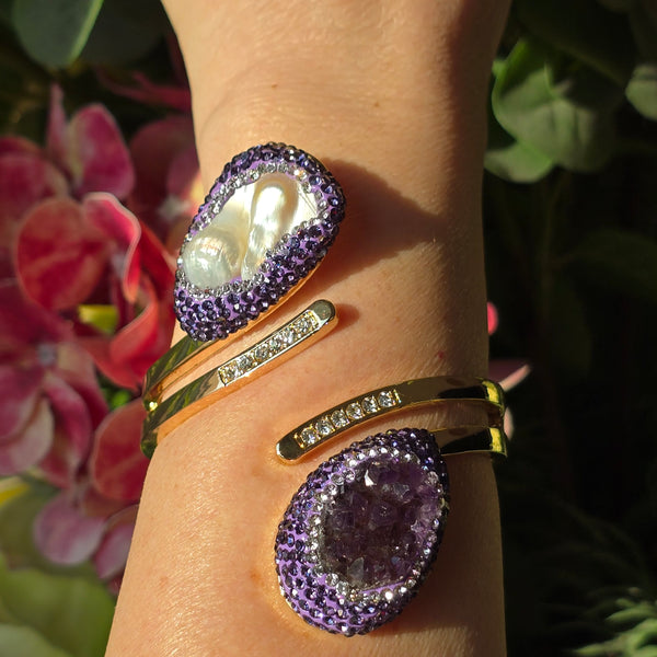 Unique Bangle with Baroque Pearl, Raw Amethyst and purple  Austrian Crystals