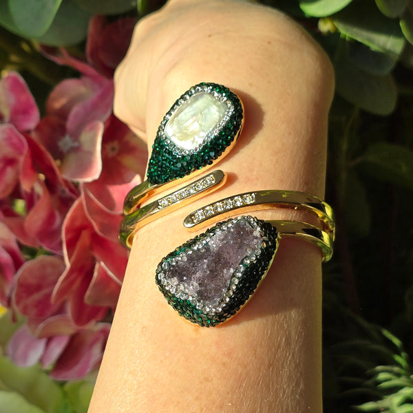 Statement Bangle with Baroque Pearl, Raw Amethyst, and green  Austrian Crystals