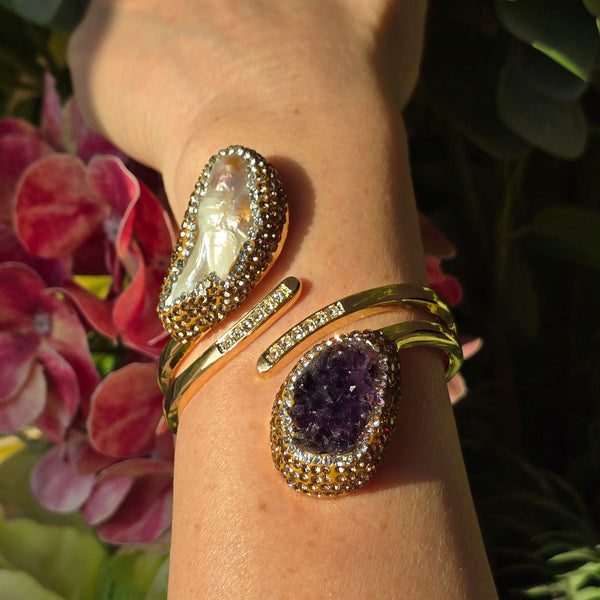 Elegant Bangle with Baroque Pearl, Raw Amethyst and gold  Austrian Crystals