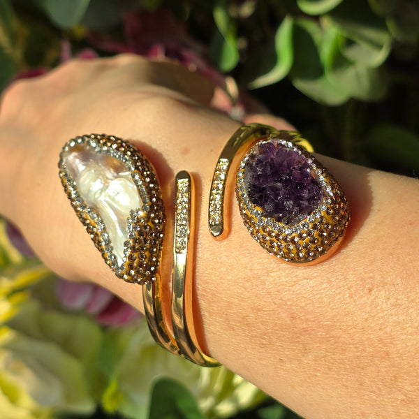 Elegant Bangle with Baroque Pearl, Raw Amethyst and gold  Austrian Crystals